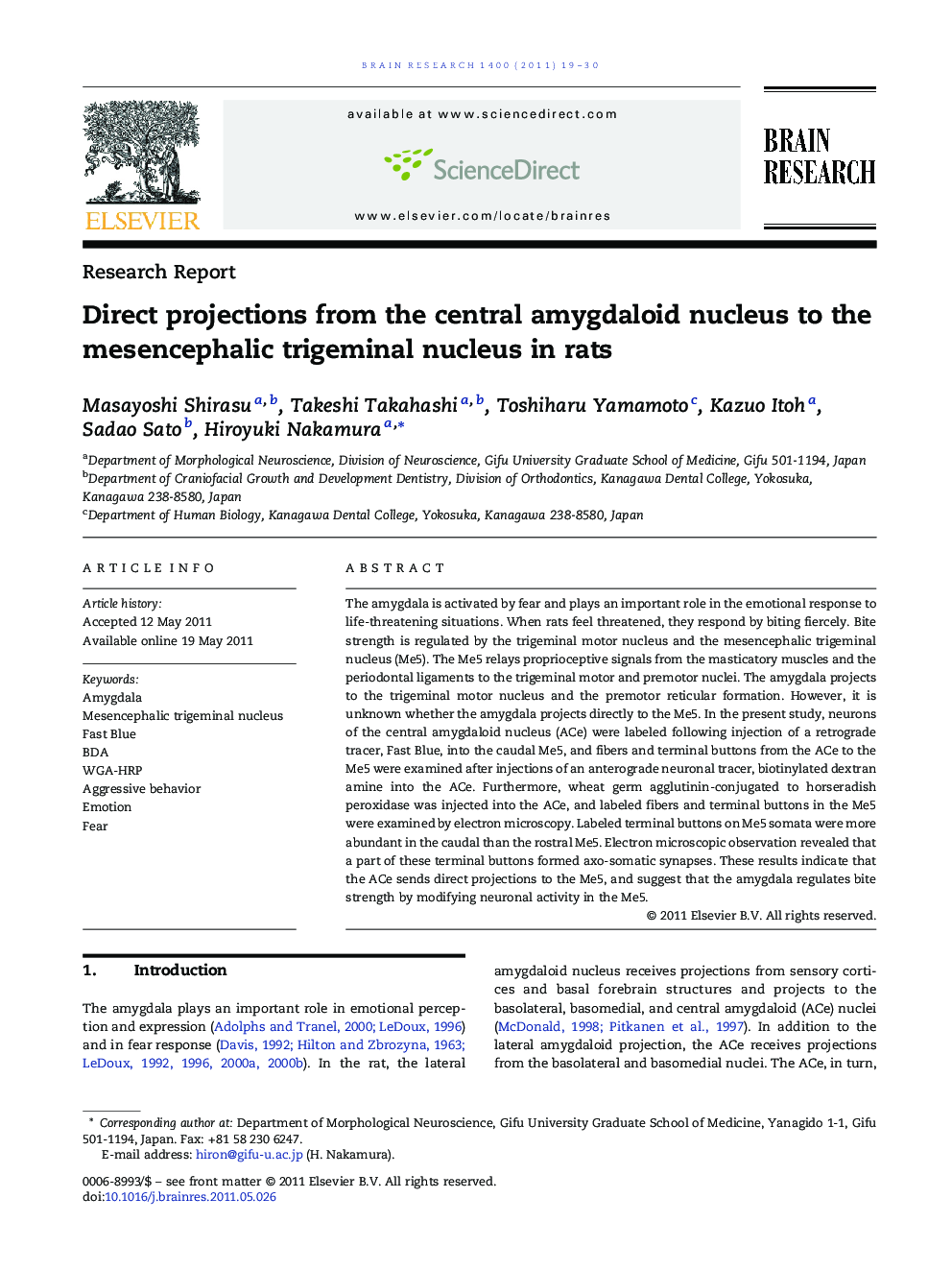 Direct projections from the central amygdaloid nucleus to the mesencephalic trigeminal nucleus in rats