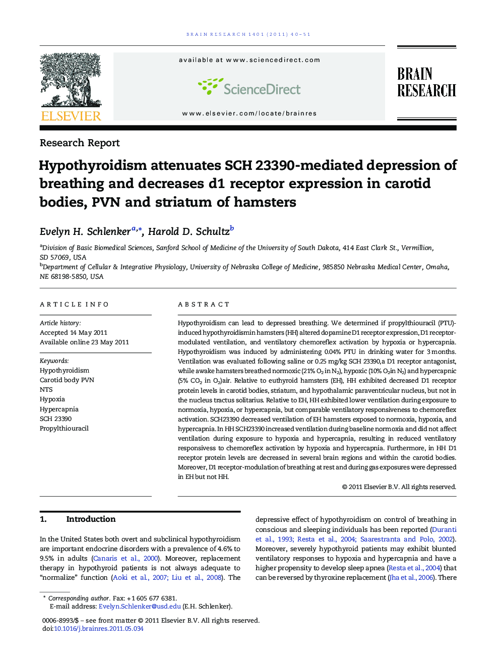 Hypothyroidism attenuates SCH 23390-mediated depression of breathing and decreases d1 receptor expression in carotid bodies, PVN and striatum of hamsters