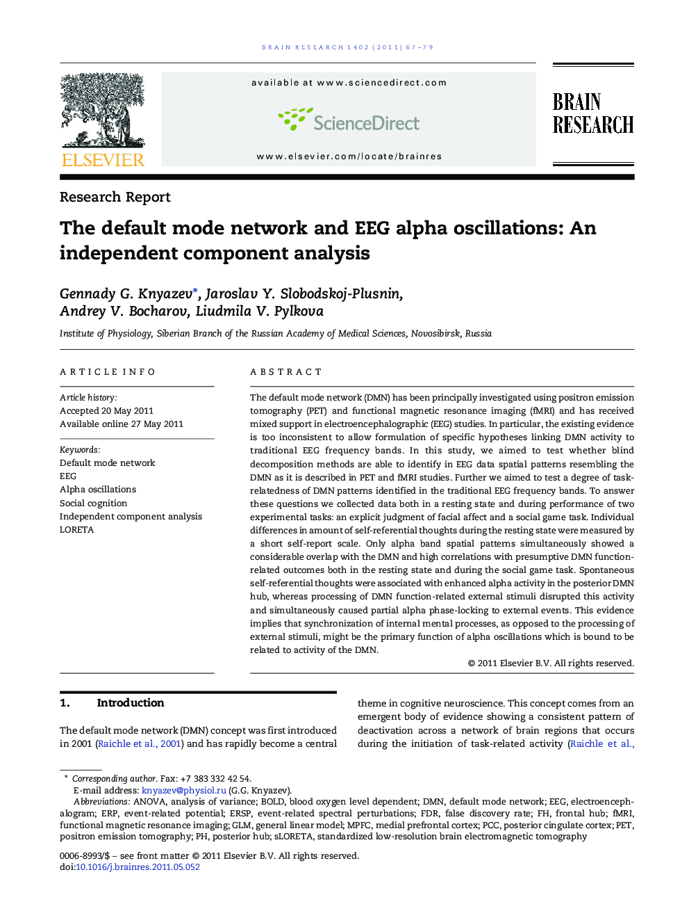 The default mode network and EEG alpha oscillations: An independent component analysis