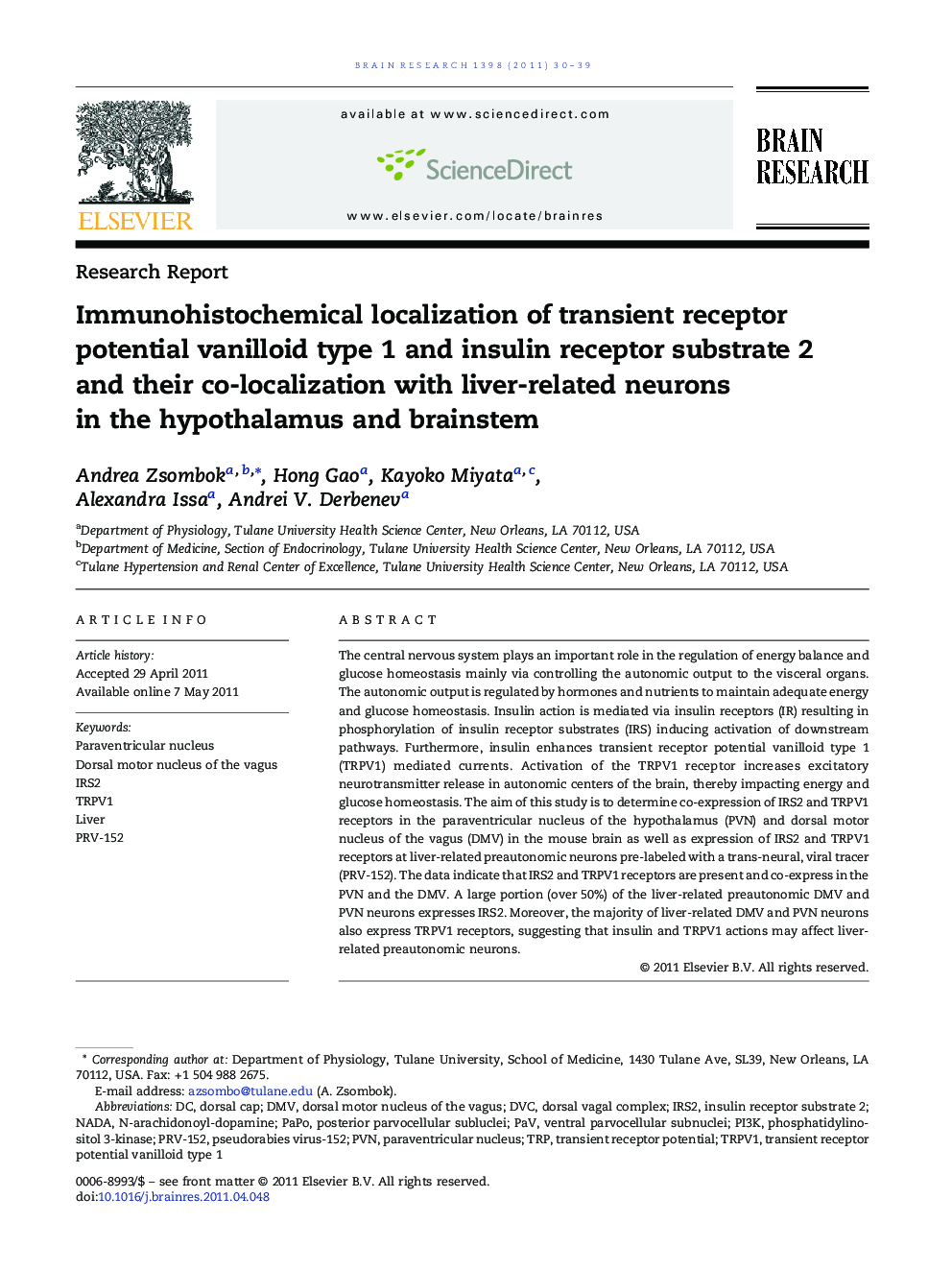 Immunohistochemical localization of transient receptor potential vanilloid type 1 and insulin receptor substrate 2 and their co-localization with liver-related neurons in the hypothalamus and brainstem