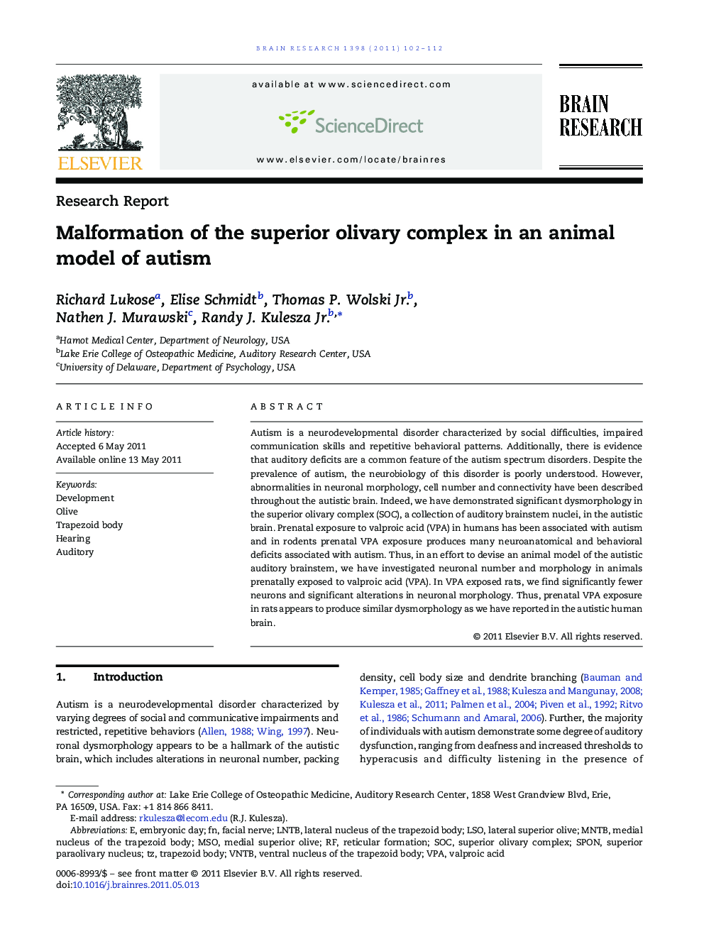 Malformation of the superior olivary complex in an animal model of autism