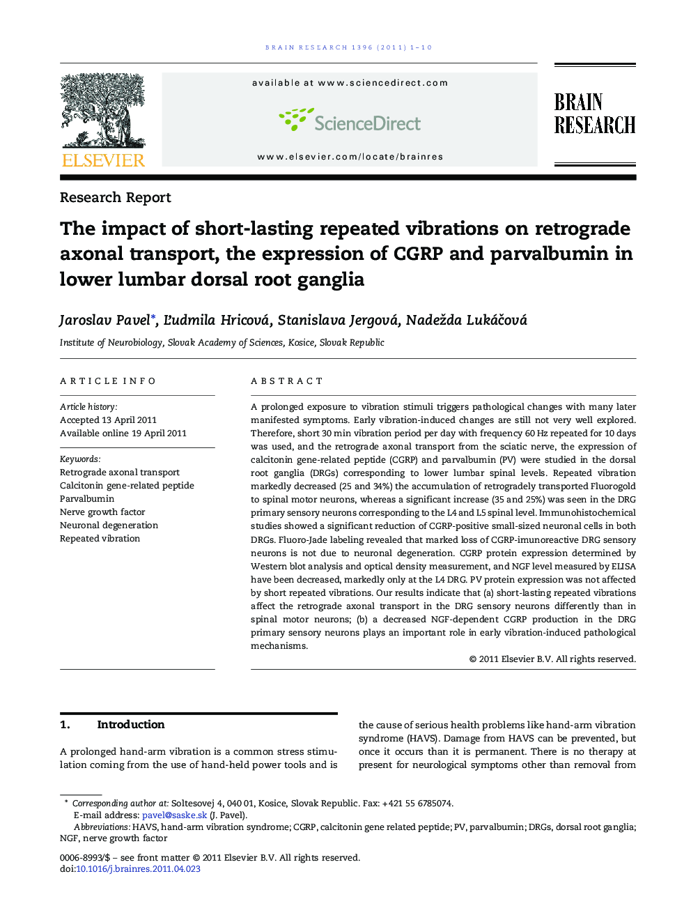 The impact of short-lasting repeated vibrations on retrograde axonal transport, the expression of CGRP and parvalbumin in lower lumbar dorsal root ganglia