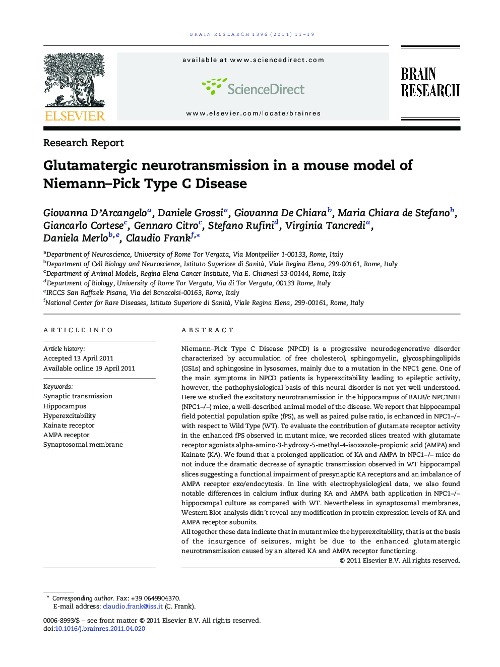 Glutamatergic neurotransmission in a mouse model of Niemann–Pick Type C Disease