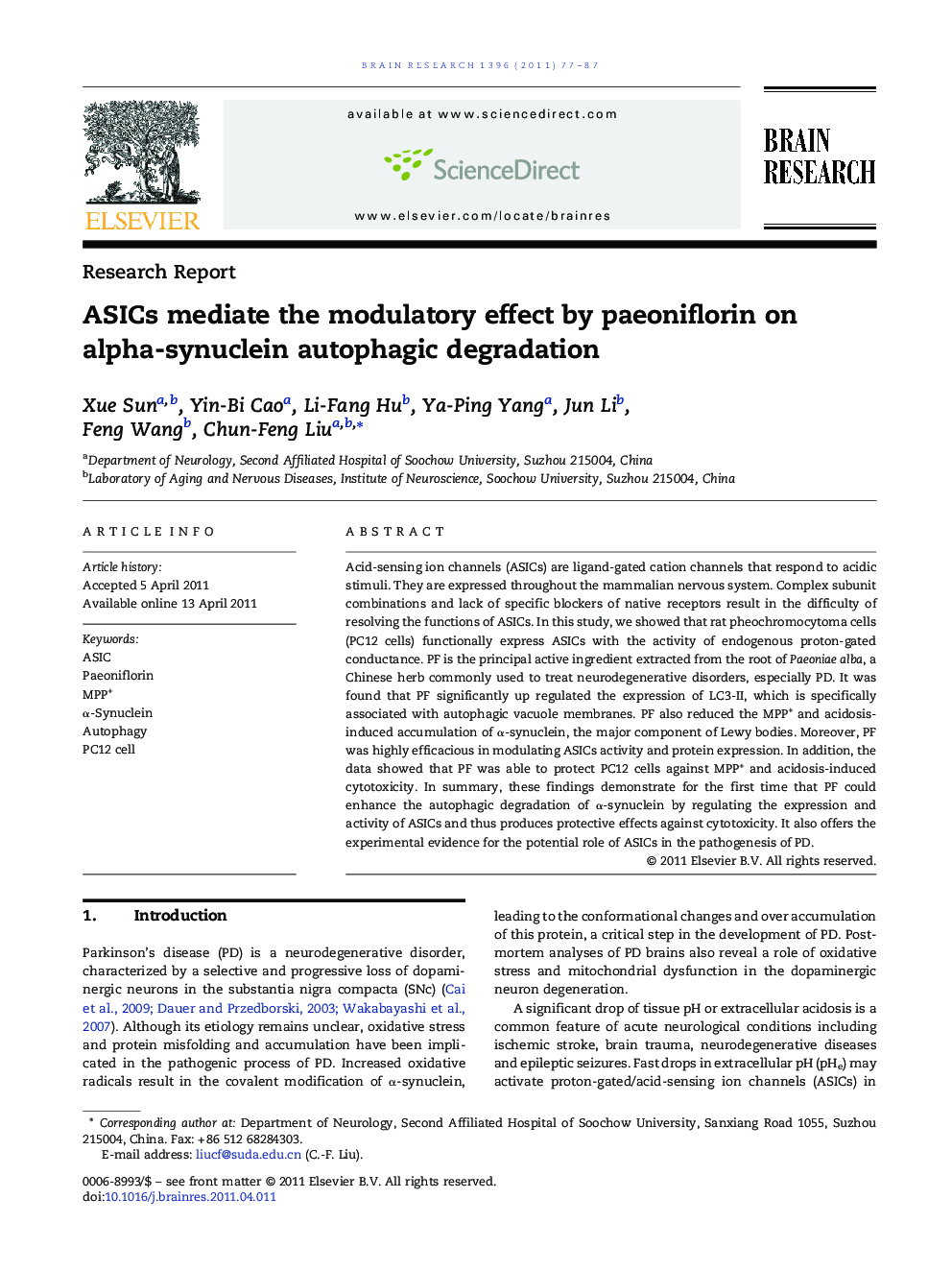 ASICs mediate the modulatory effect by paeoniflorin on alpha-synuclein autophagic degradation