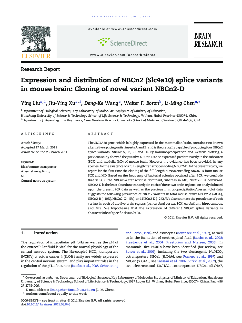 Expression and distribution of NBCn2 (Slc4a10) splice variants in mouse brain: Cloning of novel variant NBCn2-D