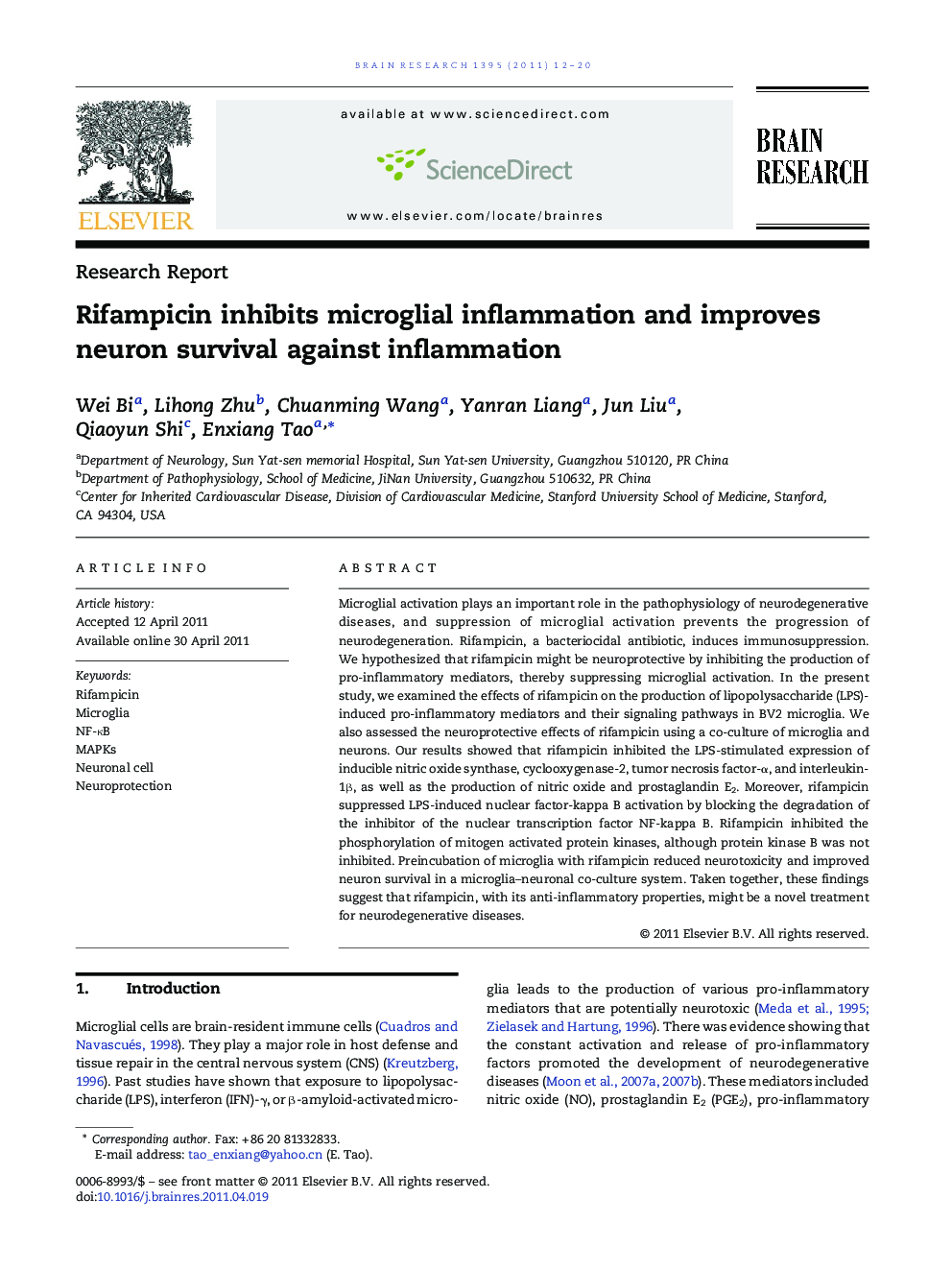 Rifampicin inhibits microglial inflammation and improves neuron survival against inflammation