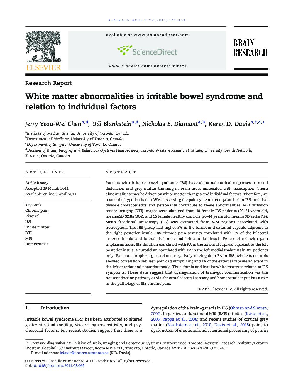 White matter abnormalities in irritable bowel syndrome and relation to individual factors