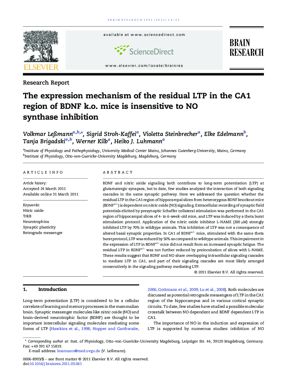 The expression mechanism of the residual LTP in the CA1 region of BDNF k.o. mice is insensitive to NO synthase inhibition