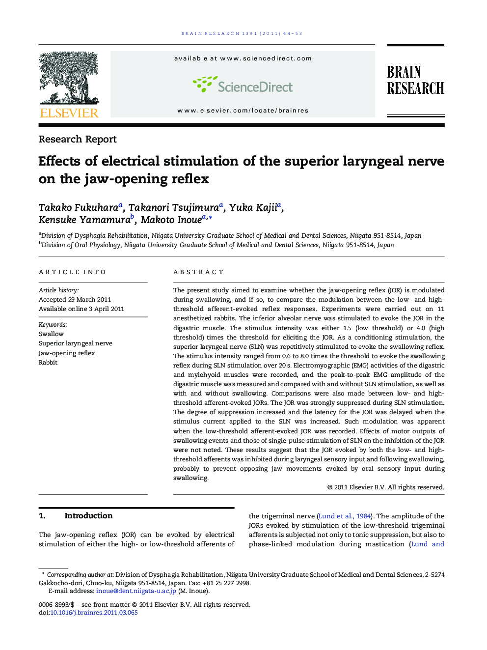 Effects of electrical stimulation of the superior laryngeal nerve on the jaw-opening reflex