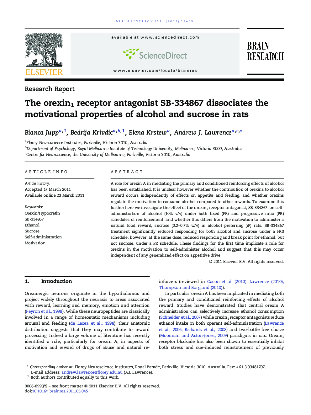 The orexin1 receptor antagonist SB-334867 dissociates the motivational properties of alcohol and sucrose in rats