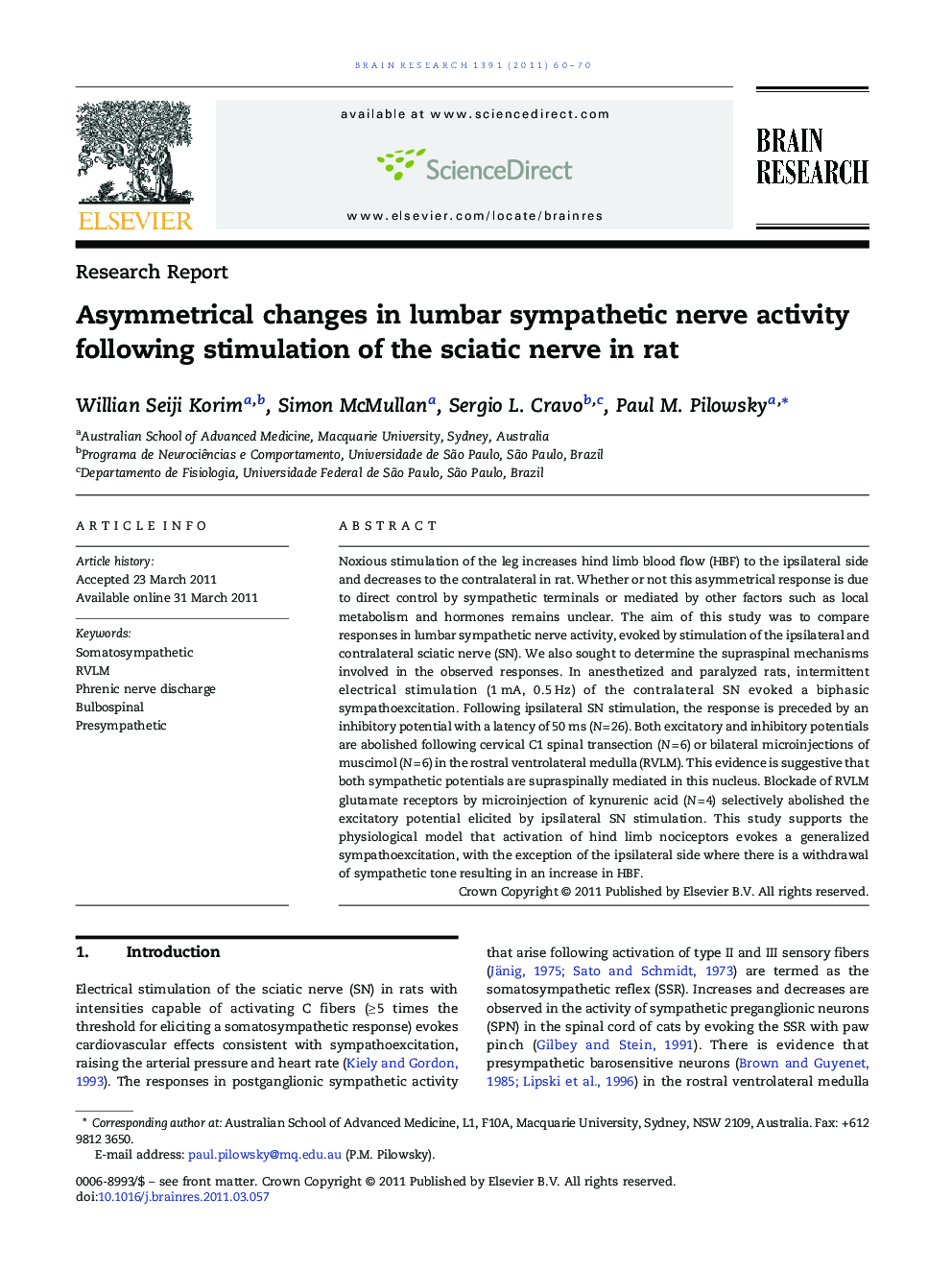 Asymmetrical changes in lumbar sympathetic nerve activity following stimulation of the sciatic nerve in rat