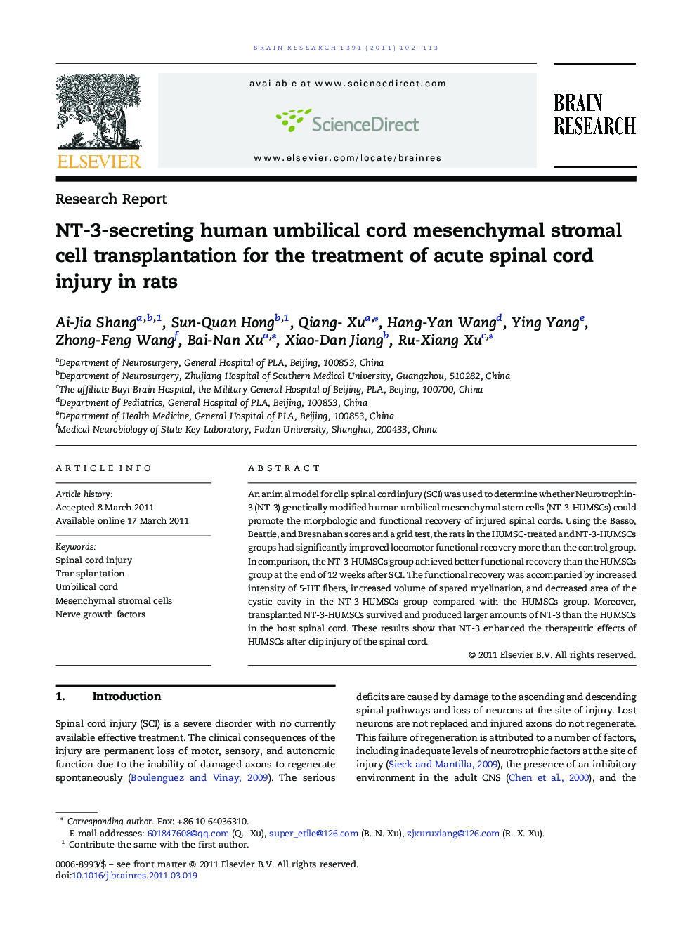 NT-3-secreting human umbilical cord mesenchymal stromal cell transplantation for the treatment of acute spinal cord injury in rats