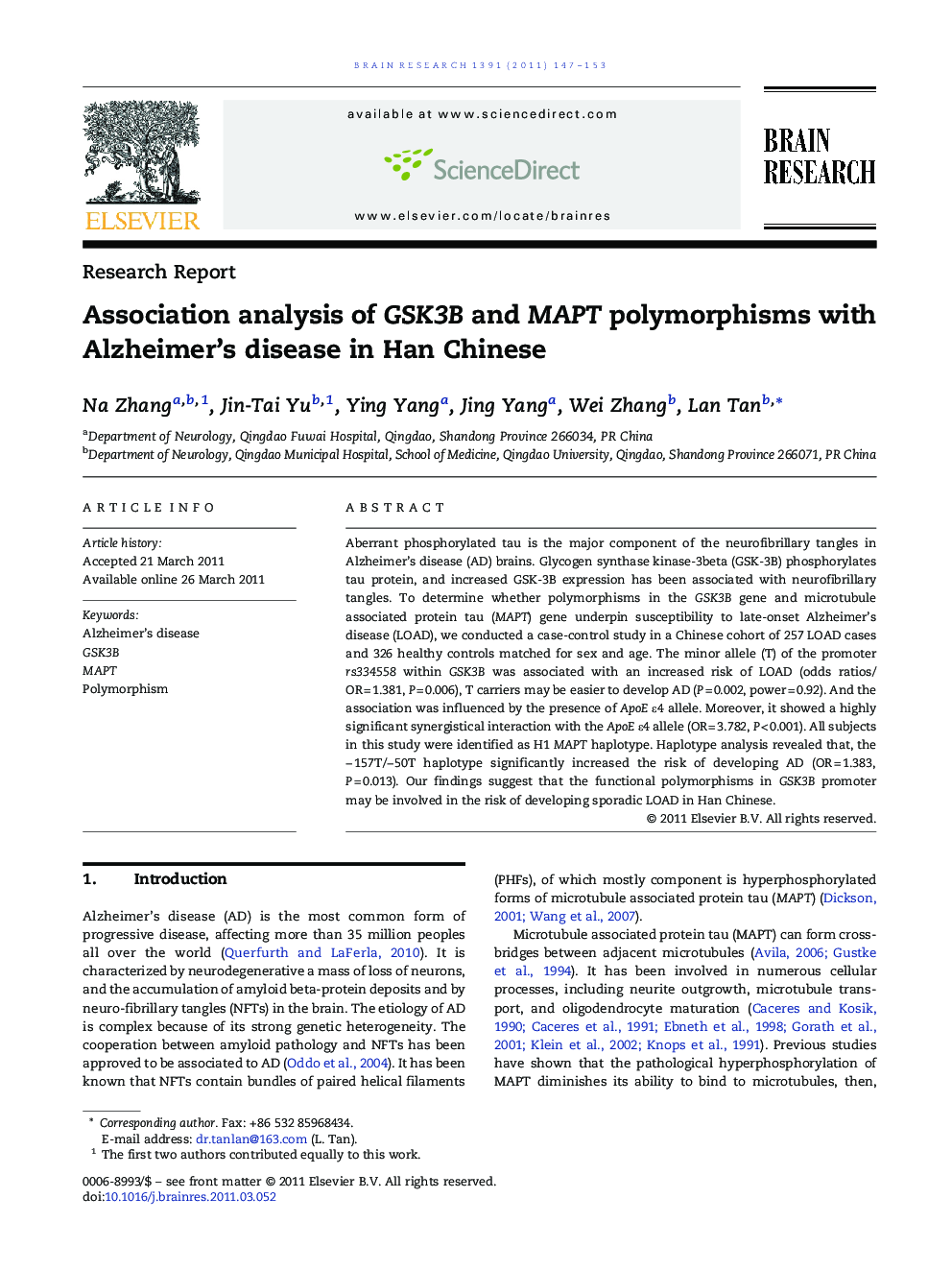 Association analysis of GSK3B and MAPT polymorphisms with Alzheimer's disease in Han Chinese