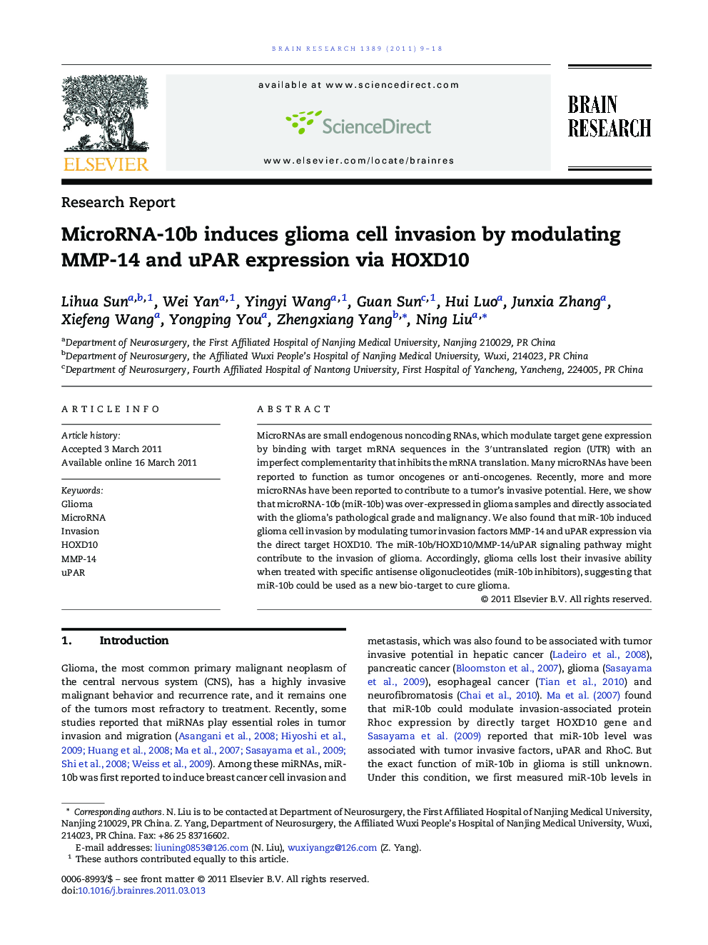 MicroRNA-10b induces glioma cell invasion by modulating MMP-14 and uPAR expression via HOXD10