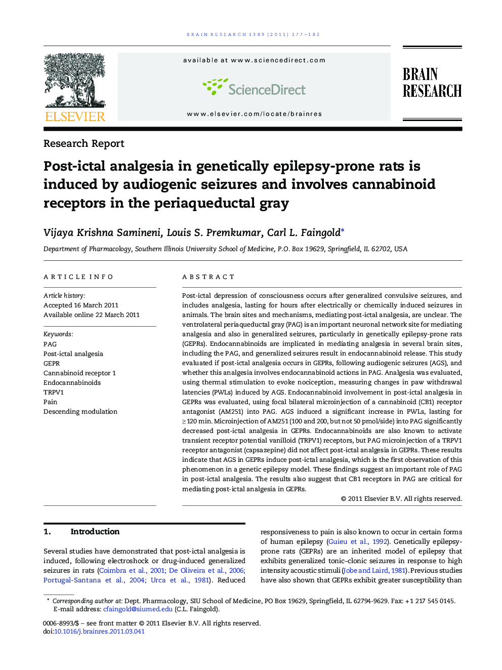 Post-ictal analgesia in genetically epilepsy-prone rats is induced by audiogenic seizures and involves cannabinoid receptors in the periaqueductal gray
