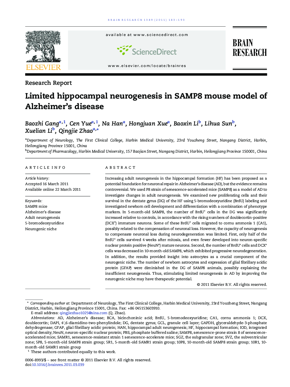 Limited hippocampal neurogenesis in SAMP8 mouse model of Alzheimer's disease