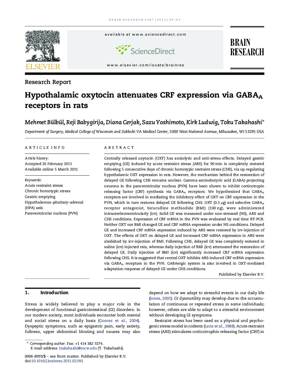Hypothalamic oxytocin attenuates CRF expression via GABAA receptors in rats