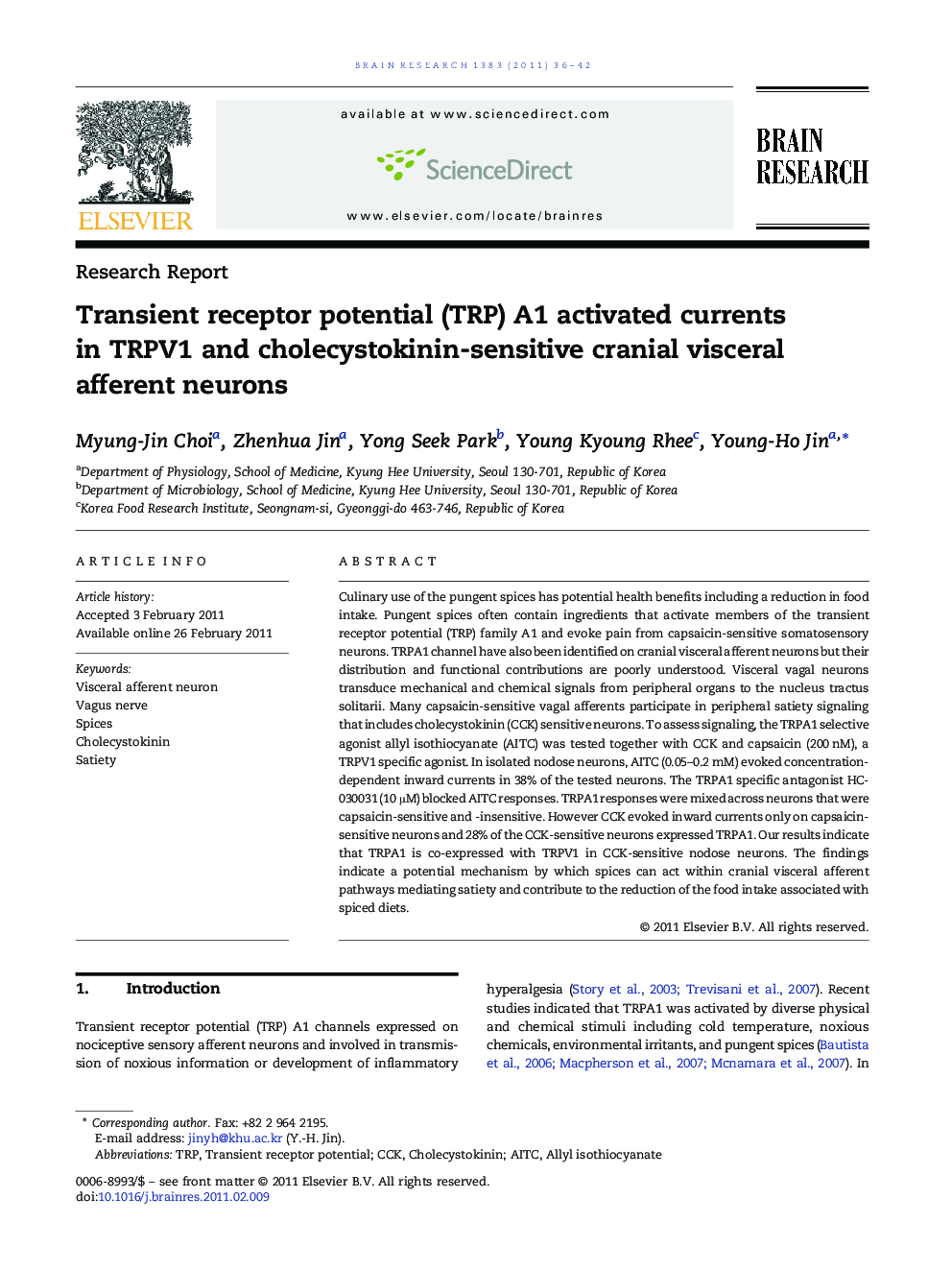 Transient receptor potential (TRP) A1 activated currents in TRPV1 and cholecystokinin-sensitive cranial visceral afferent neurons