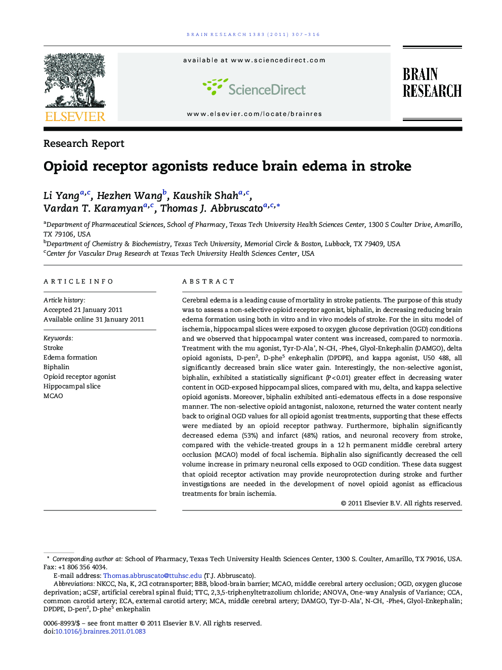 Opioid receptor agonists reduce brain edema in stroke