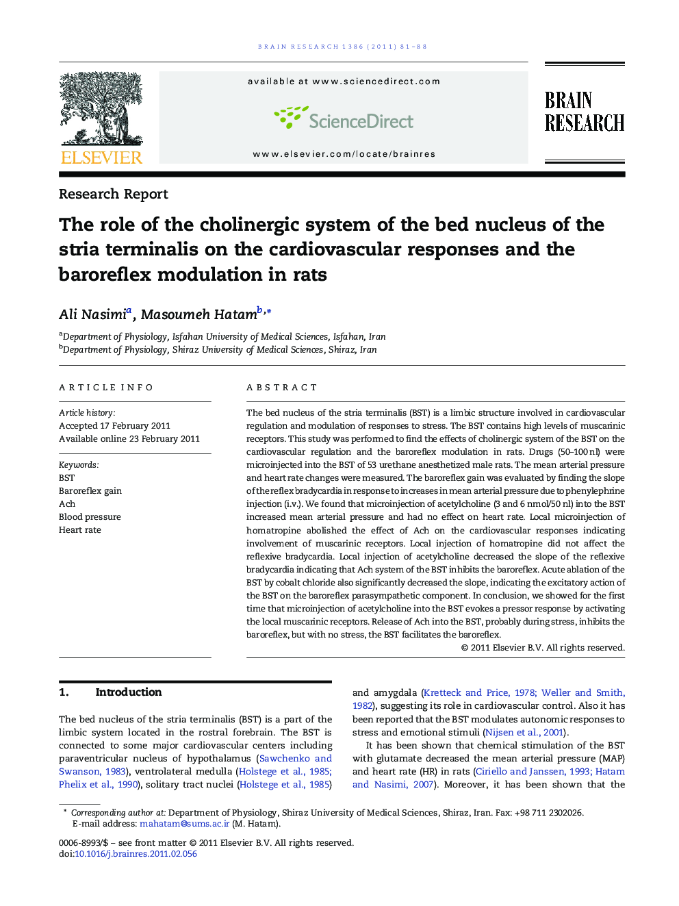 The role of the cholinergic system of the bed nucleus of the stria terminalis on the cardiovascular responses and the baroreflex modulation in rats