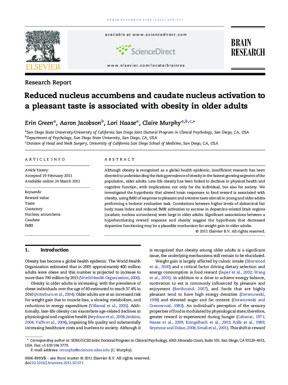 Reduced nucleus accumbens and caudate nucleus activation to a pleasant taste is associated with obesity in older adults