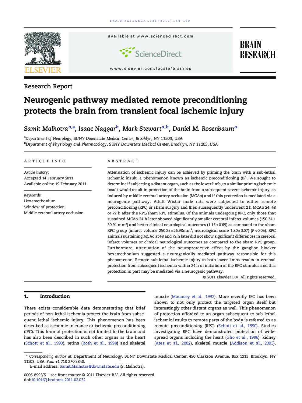 Neurogenic pathway mediated remote preconditioning protects the brain from transient focal ischemic injury