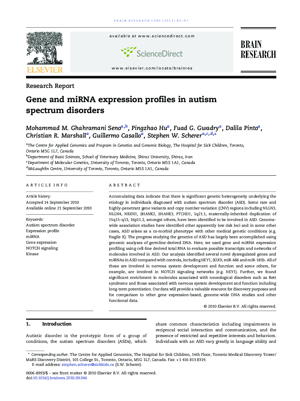 عکس صفحه اول مقاله: Gene and miRNA expression profiles in autism spectrum disorders Gene and miRNA expression profiles in autism spectrum disorders