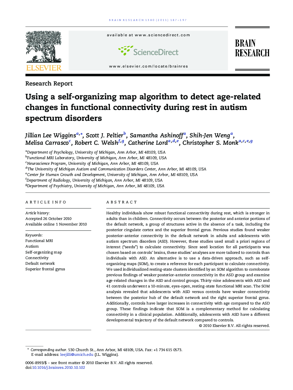 Using a self-organizing map algorithm to detect age-related changes in functional connectivity during rest in autism spectrum disorders