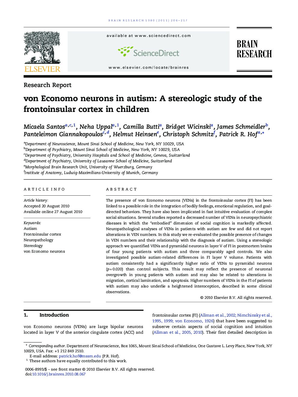 von Economo neurons in autism: A stereologic study of the frontoinsular cortex in children