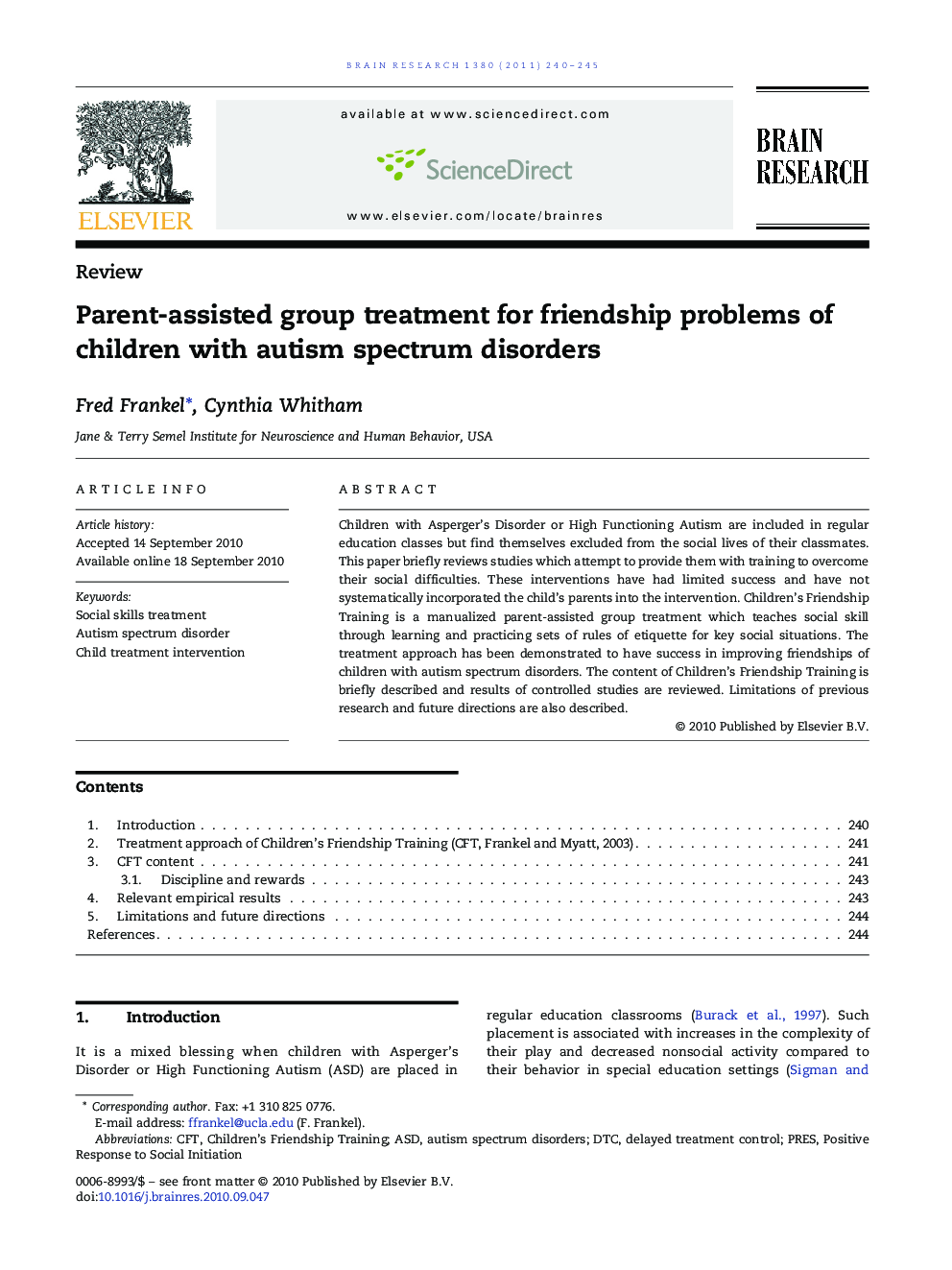 Parent-assisted group treatment for friendship problems of children with autism spectrum disorders