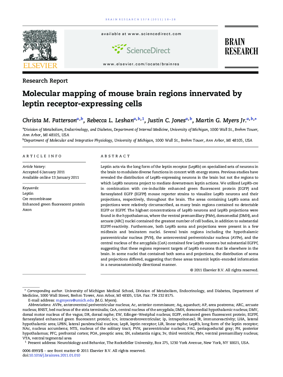 Molecular mapping of mouse brain regions innervated by leptin receptor-expressing cells