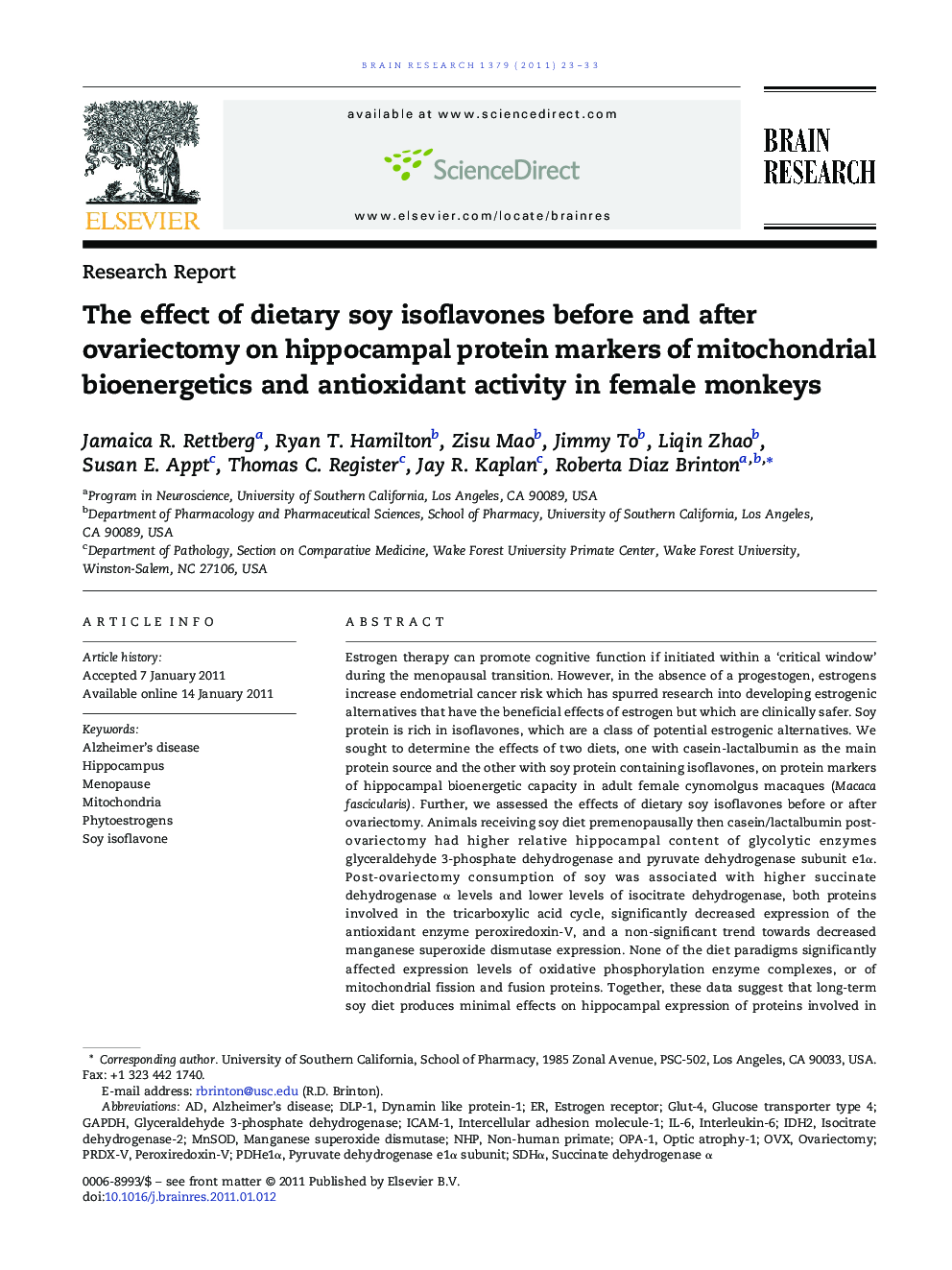 The effect of dietary soy isoflavones before and after ovariectomy on hippocampal protein markers of mitochondrial bioenergetics and antioxidant activity in female monkeys