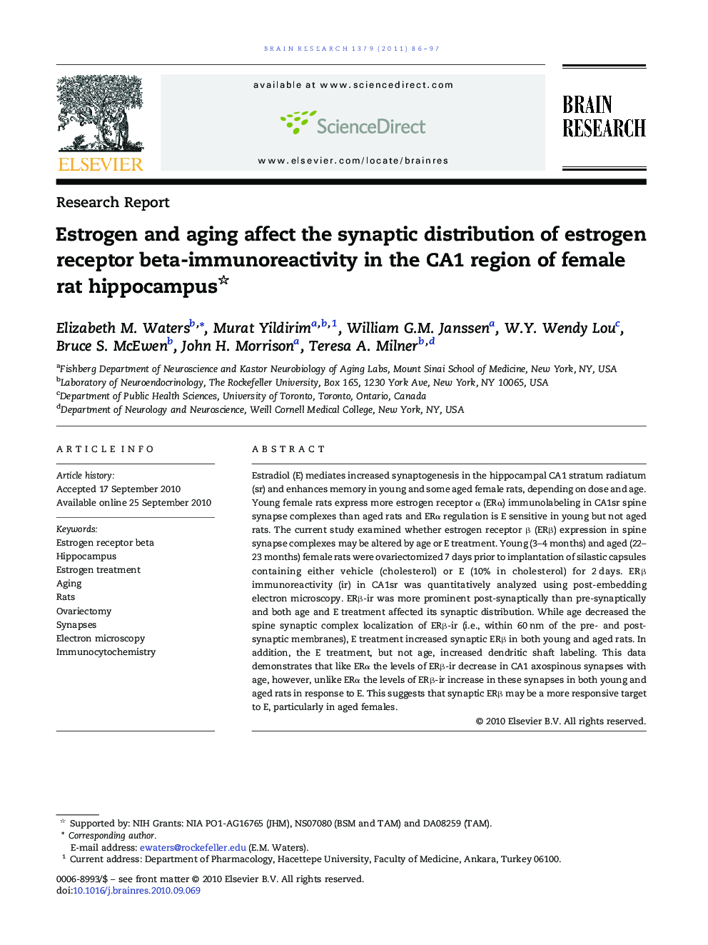 Estrogen and aging affect the synaptic distribution of estrogen receptor beta-immunoreactivity in the CA1 region of female rat hippocampus 