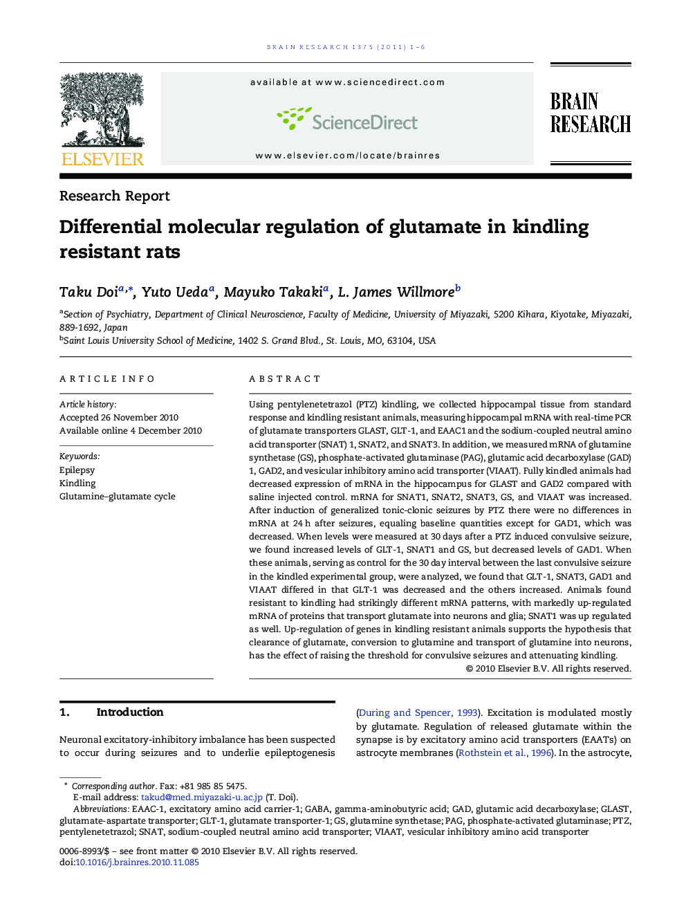 Differential molecular regulation of glutamate in kindling resistant rats