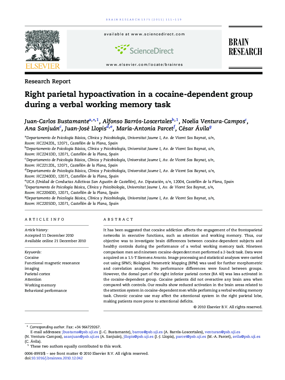 Right parietal hypoactivation in a cocaine-dependent group during a verbal working memory task