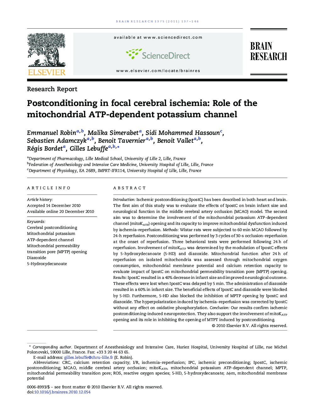 Postconditioning in focal cerebral ischemia: Role of the mitochondrial ATP-dependent potassium channel