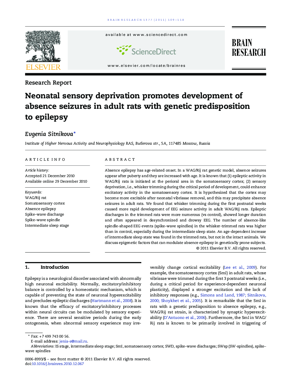 Neonatal sensory deprivation promotes development of absence seizures in adult rats with genetic predisposition to epilepsy