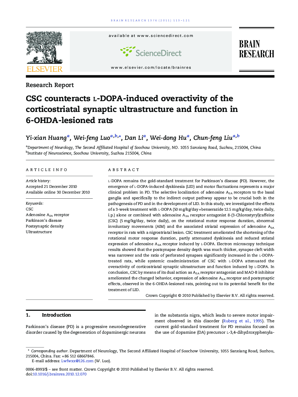 CSC counteracts l-DOPA-induced overactivity of the corticostriatal synaptic ultrastructure and function in 6-OHDA-lesioned rats