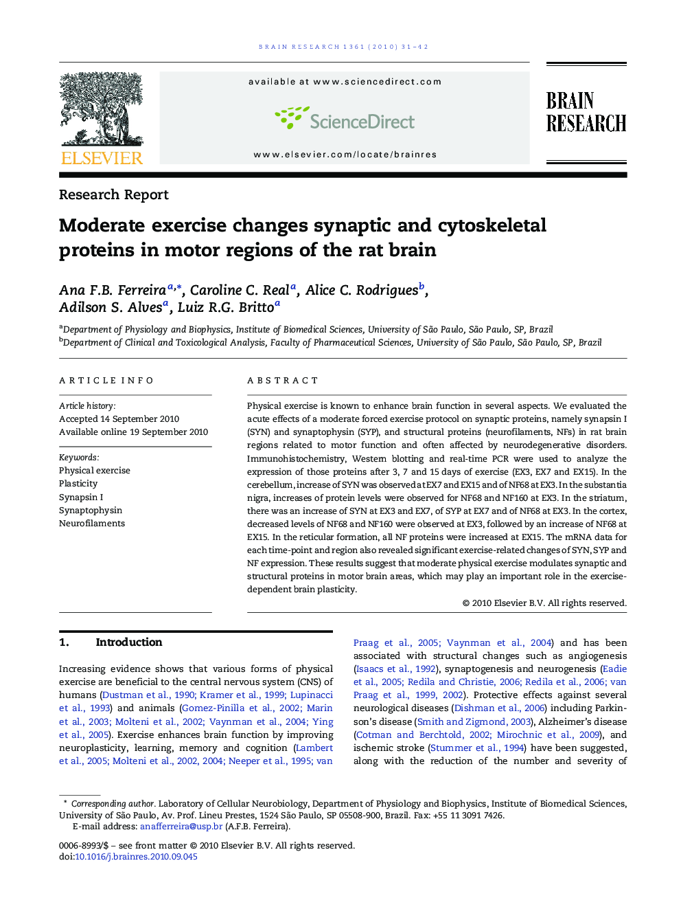 Moderate exercise changes synaptic and cytoskeletal proteins in motor regions of the rat brain