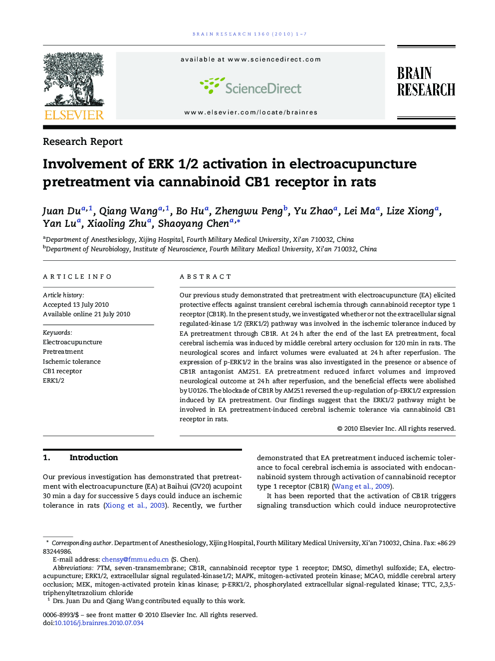 Involvement of ERK 1/2 activation in electroacupuncture pretreatment via cannabinoid CB1 receptor in rats