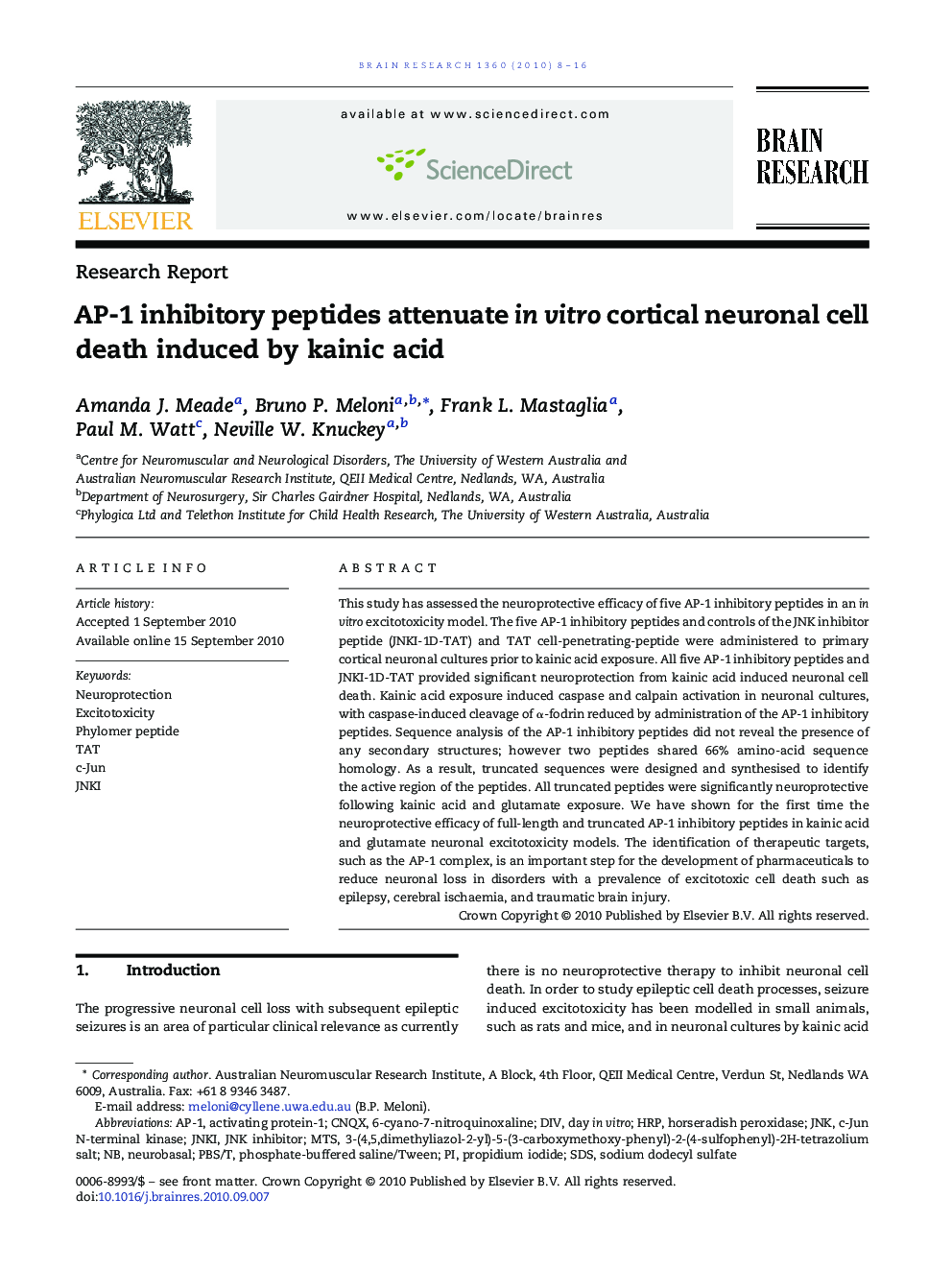 AP-1 inhibitory peptides attenuate in vitro cortical neuronal cell death induced by kainic acid