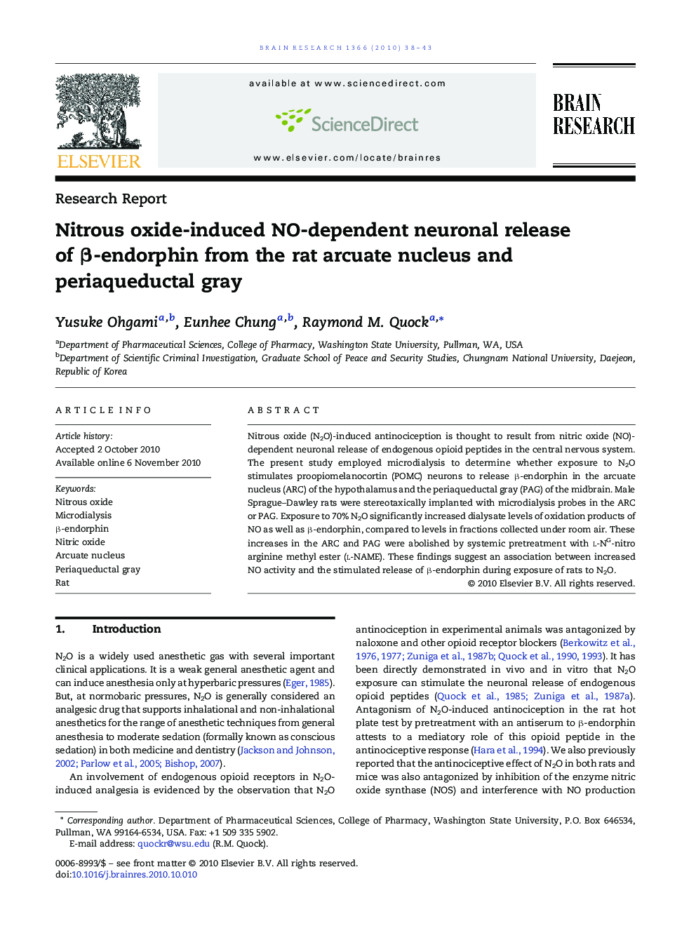 Nitrous oxide-induced NO-dependent neuronal release of β-endorphin from the rat arcuate nucleus and periaqueductal gray