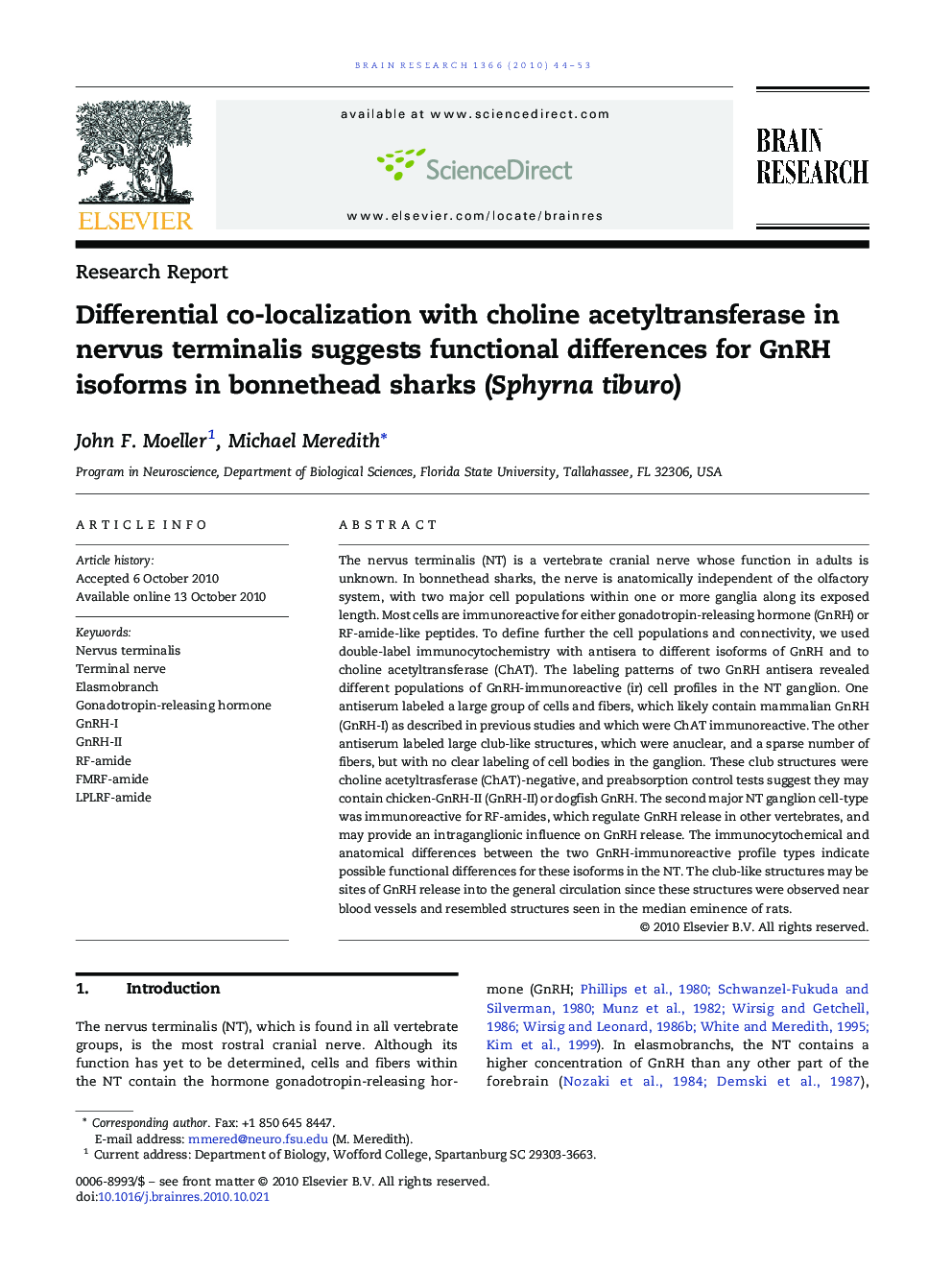 Differential co-localization with choline acetyltransferase in nervus terminalis suggests functional differences for GnRH isoforms in bonnethead sharks (Sphyrna tiburo)