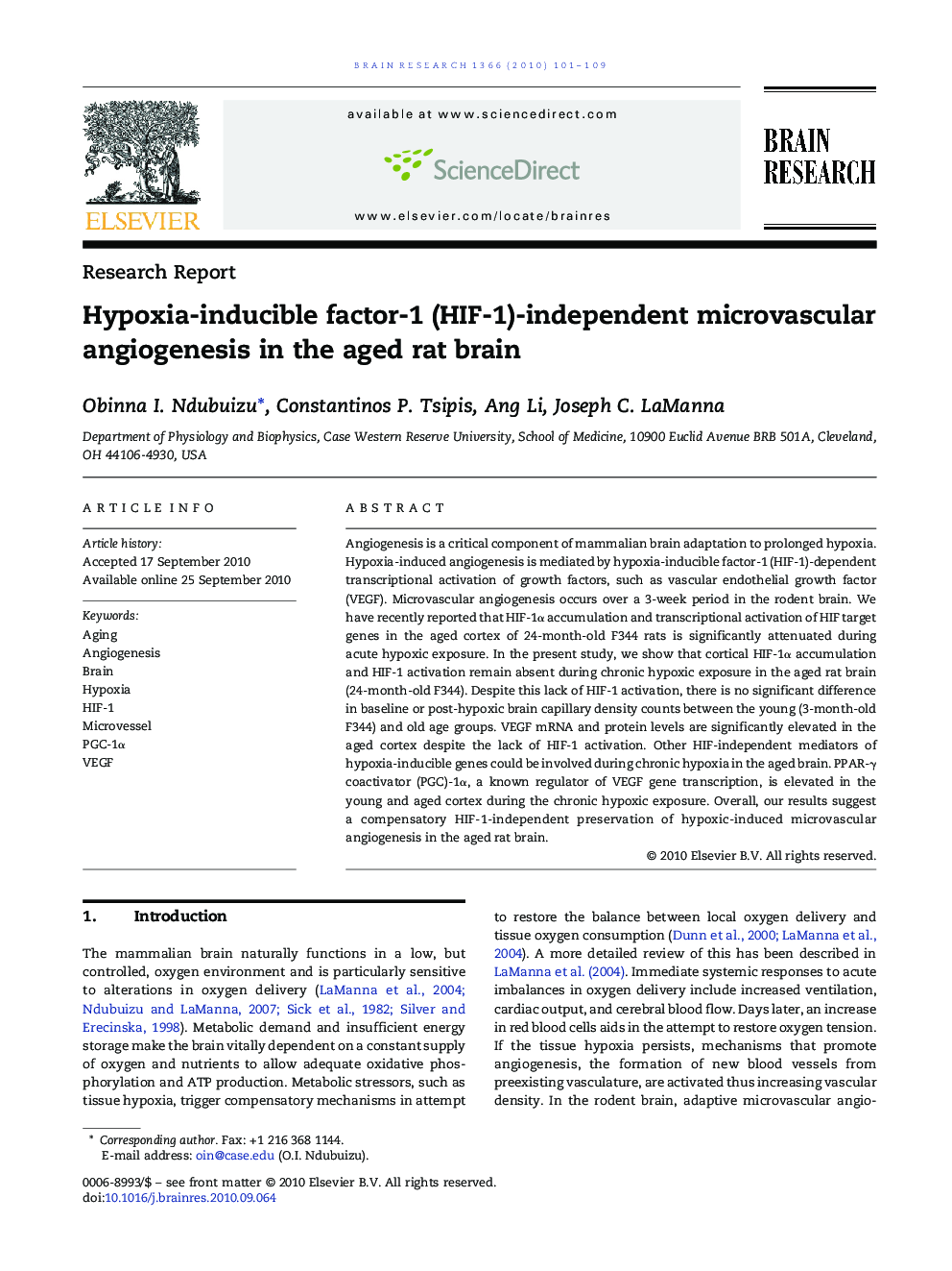 Hypoxia-inducible factor-1 (HIF-1)-independent microvascular angiogenesis in the aged rat brain