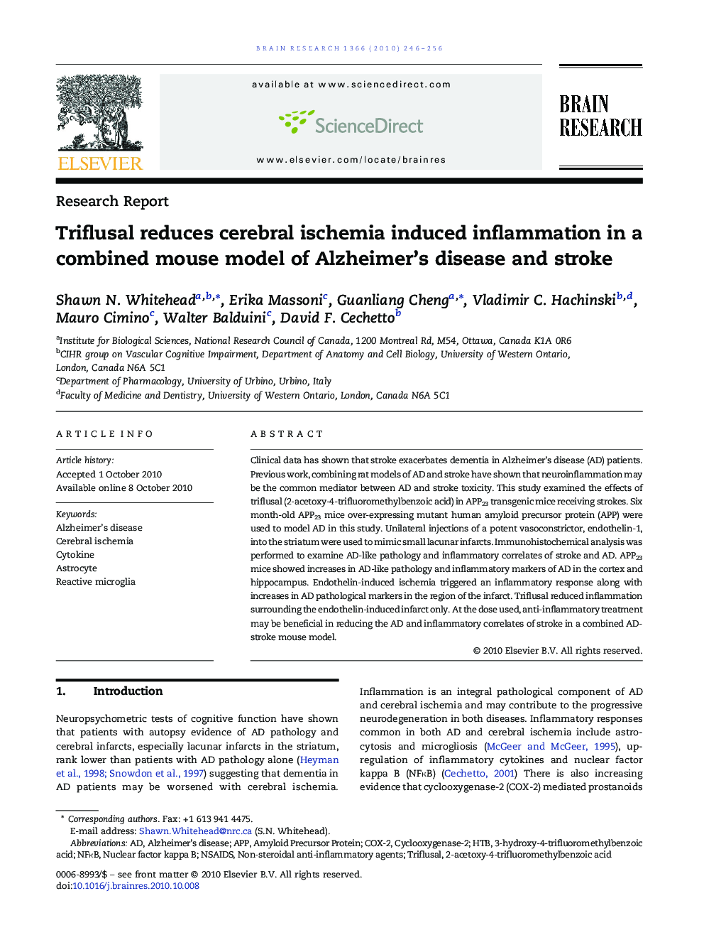 Triflusal reduces cerebral ischemia induced inflammation in a combined mouse model of Alzheimer's disease and stroke