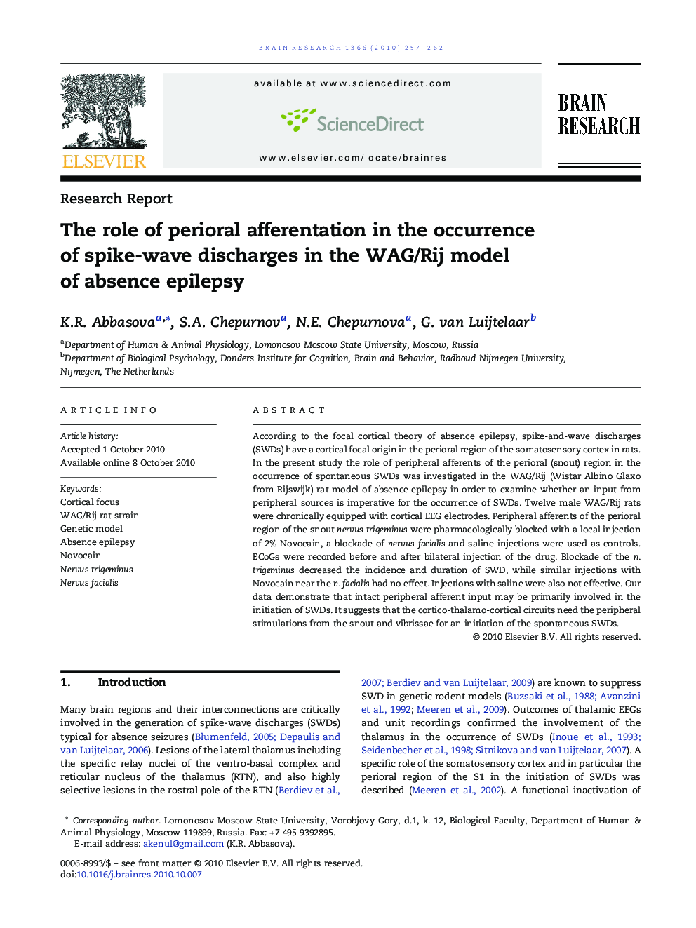 The role of perioral afferentation in the occurrenceof spike-wave discharges in the WAG/Rij modelof absence epilepsy