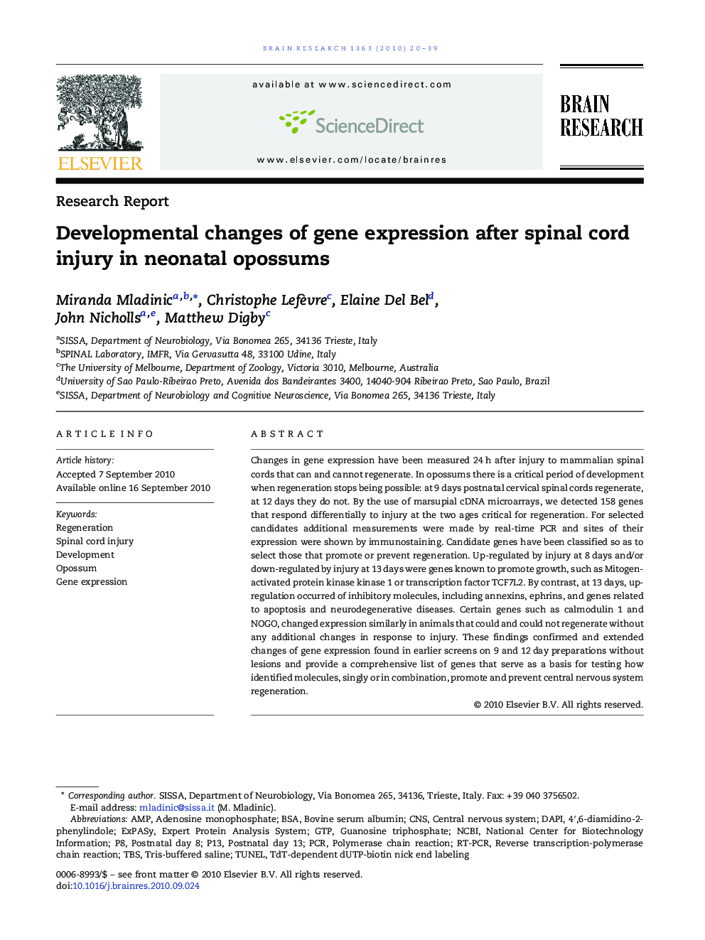 Developmental changes of gene expression after spinal cord injury in neonatal opossums