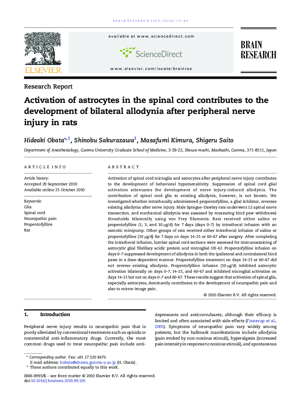 Activation of astrocytes in the spinal cord contributes to the development of bilateral allodynia after peripheral nerve injury in rats