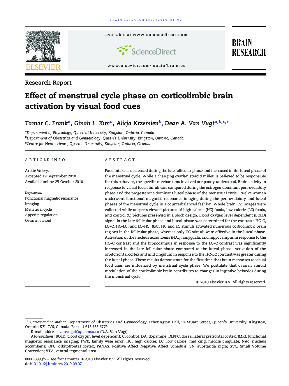 Effect of menstrual cycle phase on corticolimbic brain activation by visual food cues