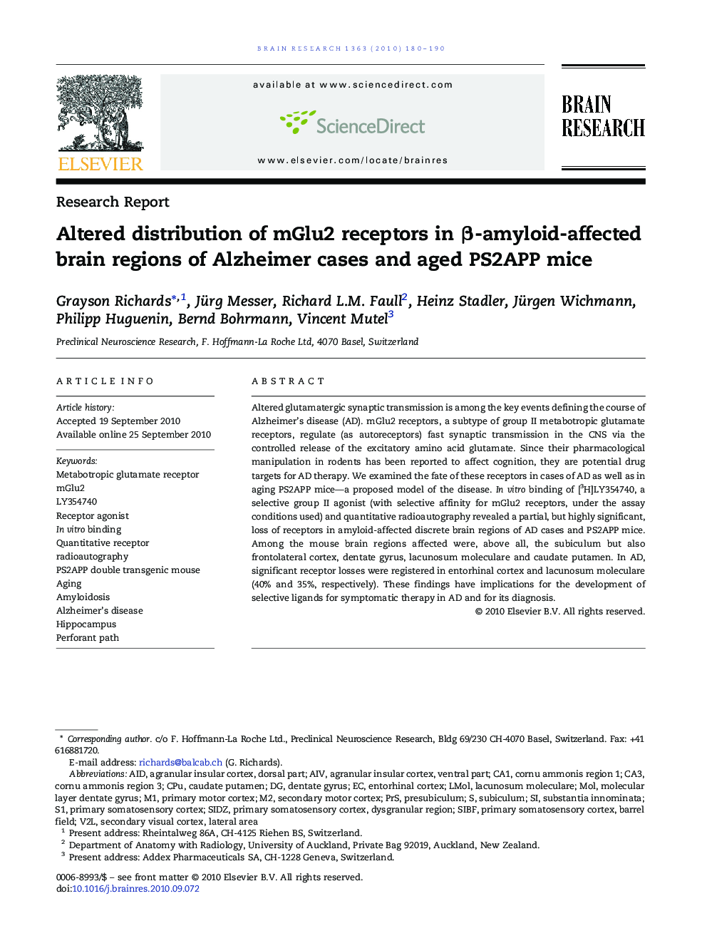 Altered distribution of mGlu2 receptors in β-amyloid-affected brain regions of Alzheimer cases and aged PS2APP mice